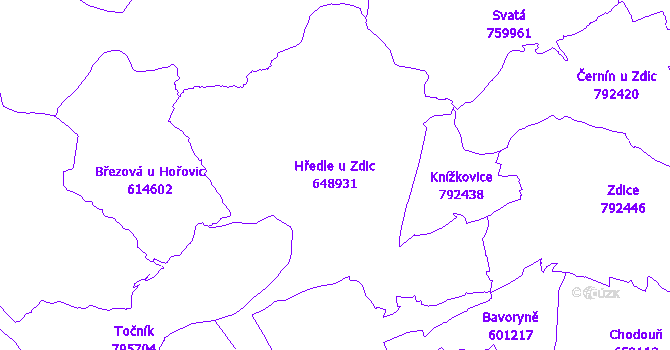 Katastrální mapa Hředle u Zdic - přehledová mapa katastrálního území
