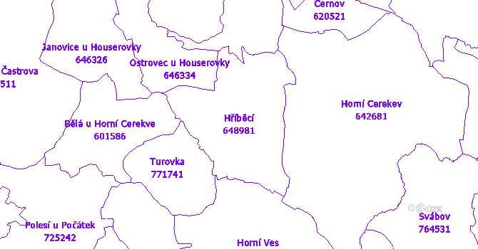 Katastrální mapa Hříběcí - přehledová mapa katastrálního území