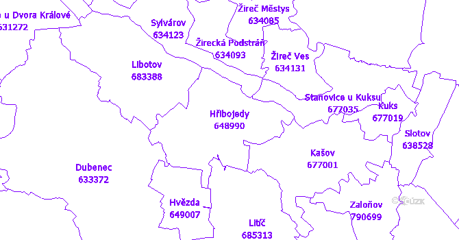 Katastrální mapa Hřibojedy - přehledová mapa katastrálního území