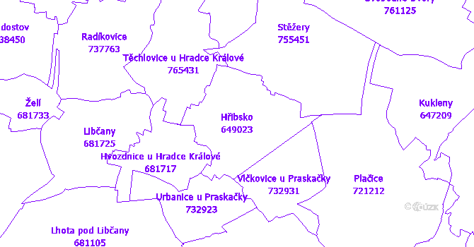 Katastrální mapa Hřibsko - přehledová mapa katastrálního území
