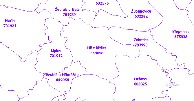 Katastrální mapa Hřiměždice - přehledová mapa katastrálního území