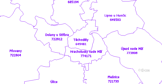 Katastrální mapa Těchoděly - přehledová mapa katastrálního území