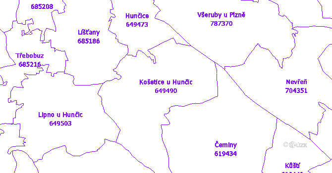 Katastrální mapa Košetice u Hunčic - přehledová mapa katastrálního území