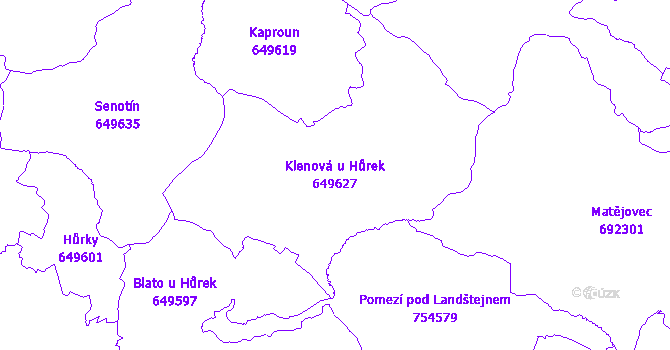 Katastrální mapa Klenová u Hůrek - přehledová mapa katastrálního území