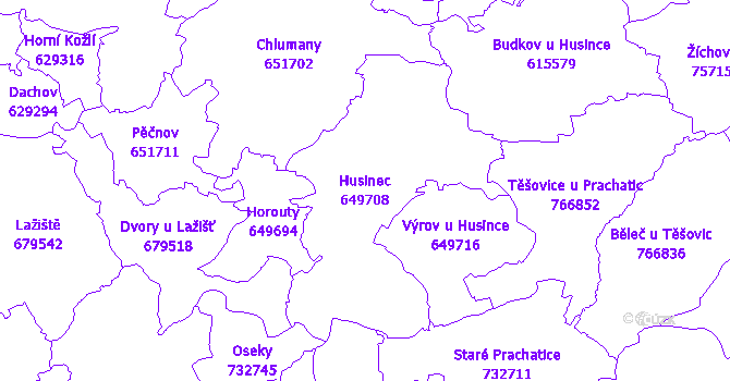 Katastrální mapa Husinec - přehledová mapa katastrálního území