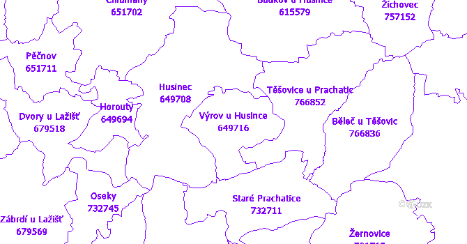 Katastrální mapa Výrov u Husince - přehledová mapa katastrálního území