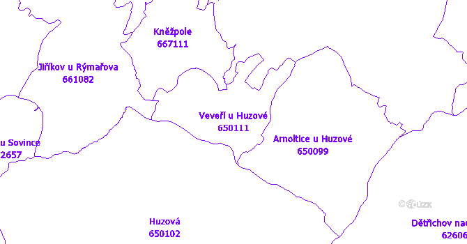 Katastrální mapa Veveří u Huzové - přehledová mapa katastrálního území