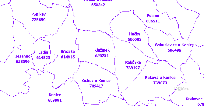 Katastrální mapa Klužínek - přehledová mapa katastrálního území