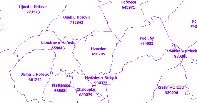 Katastrální mapa Hvozdec - přehledová mapa katastrálního území