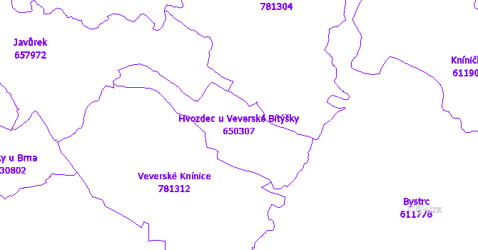 Katastrální mapa Hvozdec u Veverské Bítýšky - přehledová mapa katastrálního území