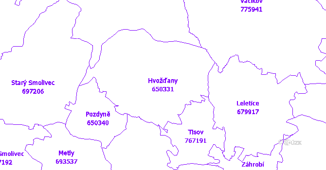 Katastrální mapa Hvožďany - přehledová mapa katastrálního území