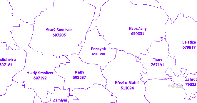Katastrální mapa Pozdyně - přehledová mapa katastrálního území