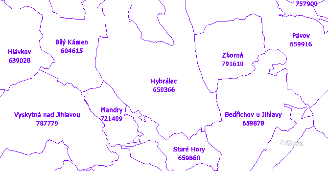Katastrální mapa Hybrálec - přehledová mapa katastrálního území