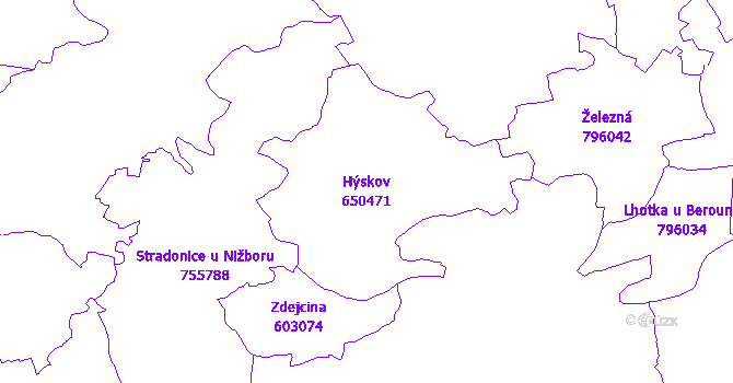 Katastrální mapa Hýskov - přehledová mapa katastrálního území