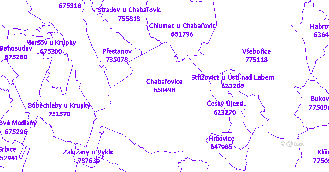 Katastrální mapa Chabařovice - přehledová mapa katastrálního území