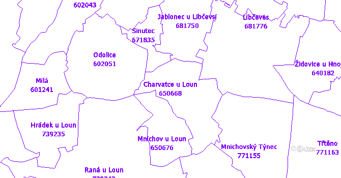 Katastrální mapa Charvatce u Loun - přehledová mapa katastrálního území