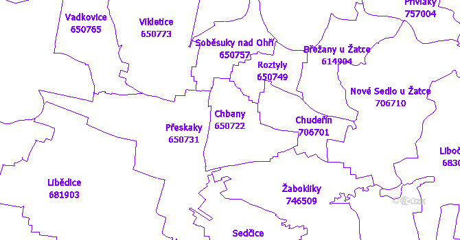Katastrální mapa Chbany - přehledová mapa katastrálního území