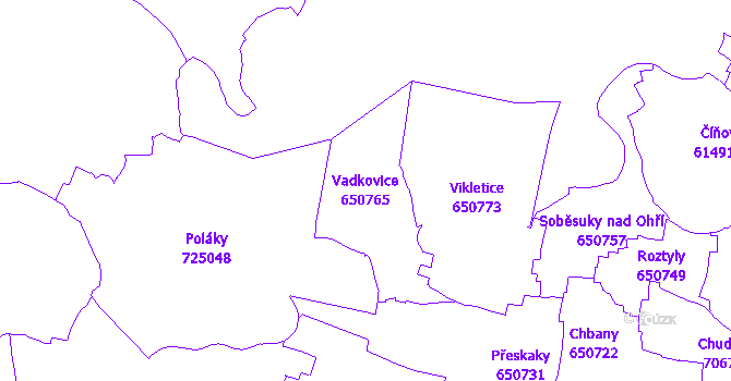 Katastrální mapa Vadkovice - přehledová mapa katastrálního území