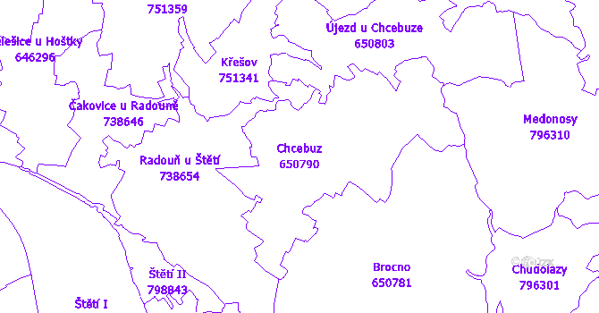Katastrální mapa Chcebuz - přehledová mapa katastrálního území