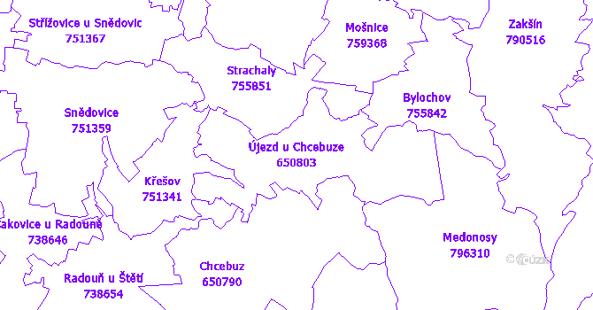 Katastrální mapa Újezd u Chcebuze - přehledová mapa katastrálního území