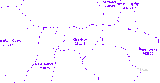 Katastrální mapa Chlebičov - přehledová mapa katastrálního území