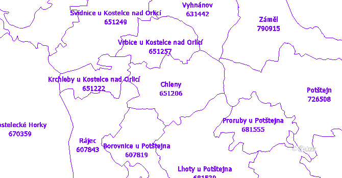 Katastrální mapa Chleny - přehledová mapa katastrálního území