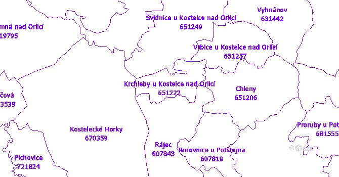 Katastrální mapa Krchleby u Kostelce nad Orlicí - přehledová mapa katastrálního území