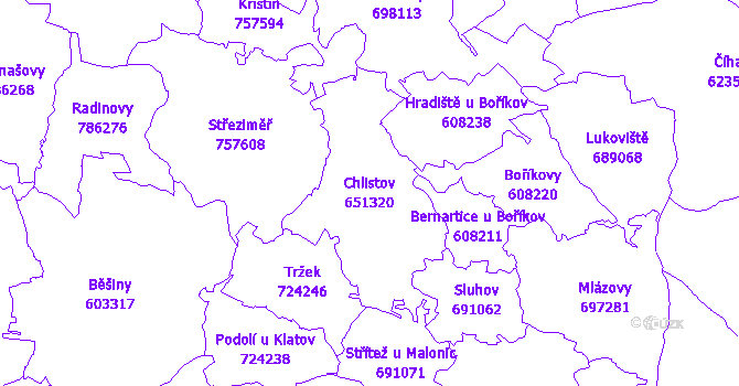 Katastrální mapa Chlistov - přehledová mapa katastrálního území
