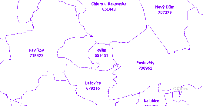 Katastrální mapa Ryšín - přehledová mapa katastrálního území