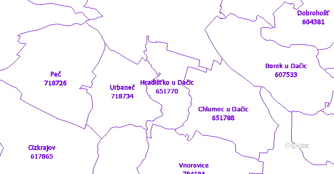 Katastrální mapa Hradišťko u Dačic - přehledová mapa katastrálního území
