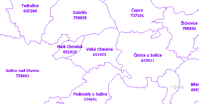 Katastrální mapa Velká Chmelná - přehledová mapa katastrálního území