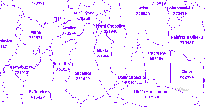 Katastrální mapa Mladé - přehledová mapa katastrálního území