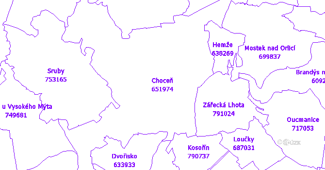 Katastrální mapa Choceň - přehledová mapa katastrálního území