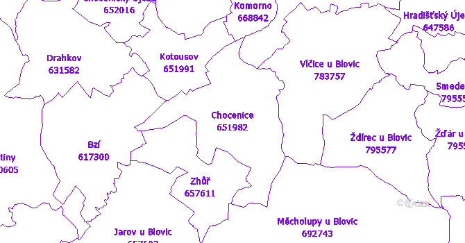 Katastrální mapa Chocenice - přehledová mapa katastrálního území