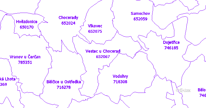 Katastrální mapa Vestec u Chocerad - přehledová mapa katastrálního území
