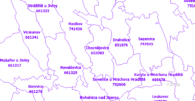 Katastrální mapa Chocnějovice - přehledová mapa katastrálního území