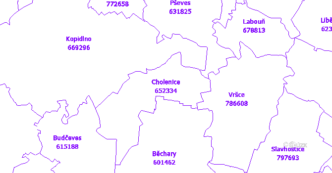 Katastrální mapa Cholenice - přehledová mapa katastrálního území