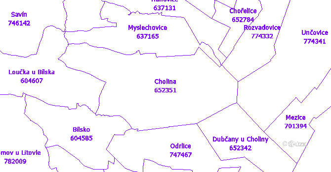 Katastrální mapa Cholina - přehledová mapa katastrálního území