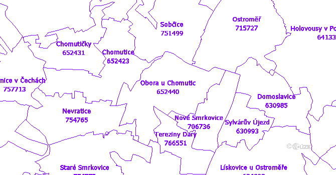 Katastrální mapa Obora u Chomutic - přehledová mapa katastrálního území