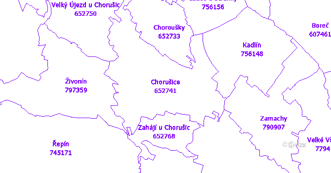 Katastrální mapa Chorušice - přehledová mapa katastrálního území