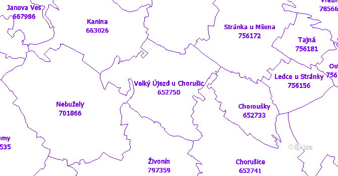 Katastrální mapa Velký Újezd u Chorušic - přehledová mapa katastrálního území