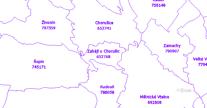 Katastrální mapa Zahájí u Chorušic - přehledová mapa katastrálního území