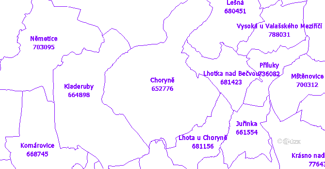 Katastrální mapa Choryně - přehledová mapa katastrálního území