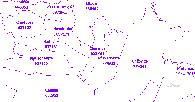 Katastrální mapa Chořelice - přehledová mapa katastrálního území