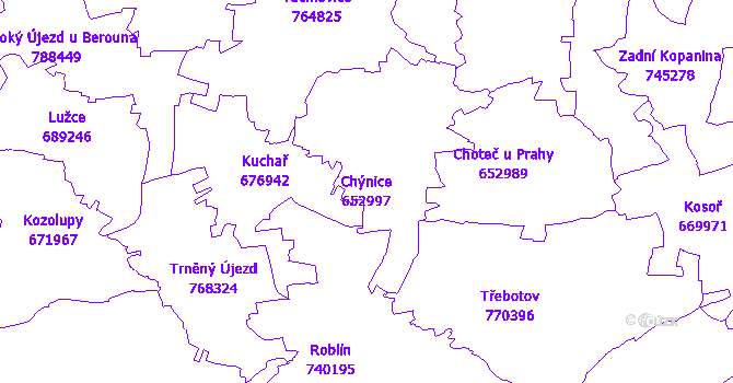 Katastrální mapa Chýnice - přehledová mapa katastrálního území