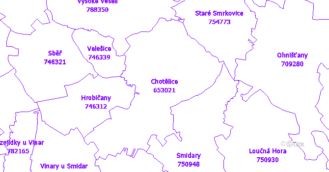 Katastrální mapa Chotělice - přehledová mapa katastrálního území