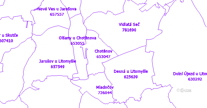 Katastrální mapa Chotěnov - přehledová mapa katastrálního území