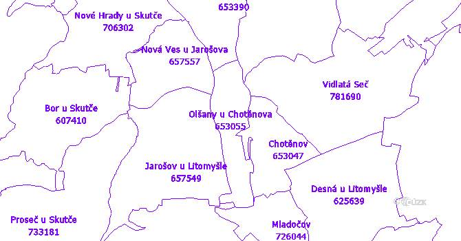 Katastrální mapa Olšany u Chotěnova - přehledová mapa katastrálního území