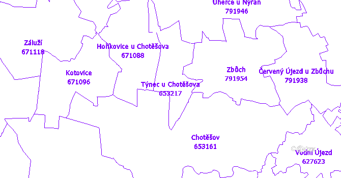 Katastrální mapa Týnec u Chotěšova - přehledová mapa katastrálního území