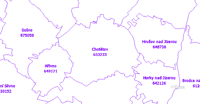 Katastrální mapa Chotětov - přehledová mapa katastrálního území
